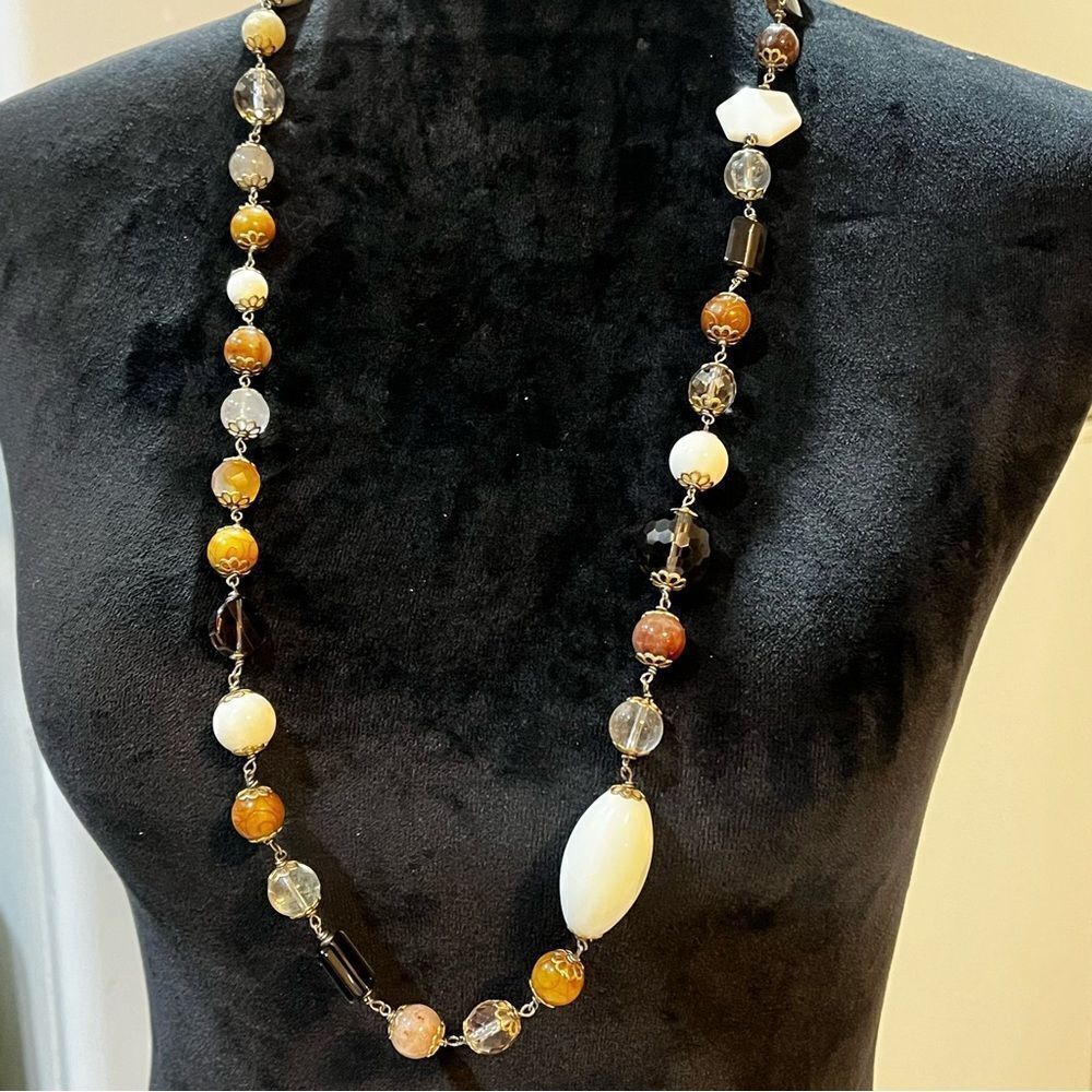 Vintage Crystal & Opaque Beads, Stone Beads Necklace with Gold Tone Metal Detail